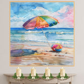 Watercolor Painting of Vibrant Beach Umbrella and Ball on Shoreline with Soft Ocean Waves and Pastel Sky for Summer Vibes on Ready to Hang 1.5" Thick Canvas Wrap, Floating Framed Canvas, Flat Rolled Canvas